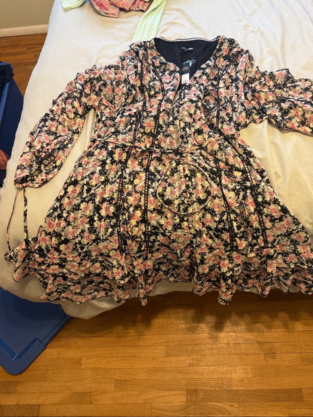 Fashion Nova Black Floral Ruffle Hem Dress with Pink Accents